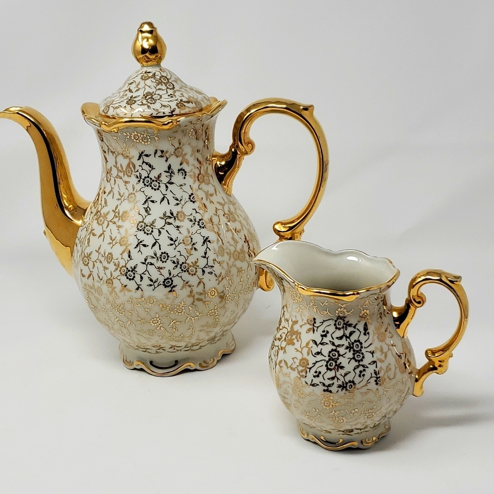 Mitterteich Bavaria Gold Tea Pot & Creamer Set- Vintage  #2514 Rare